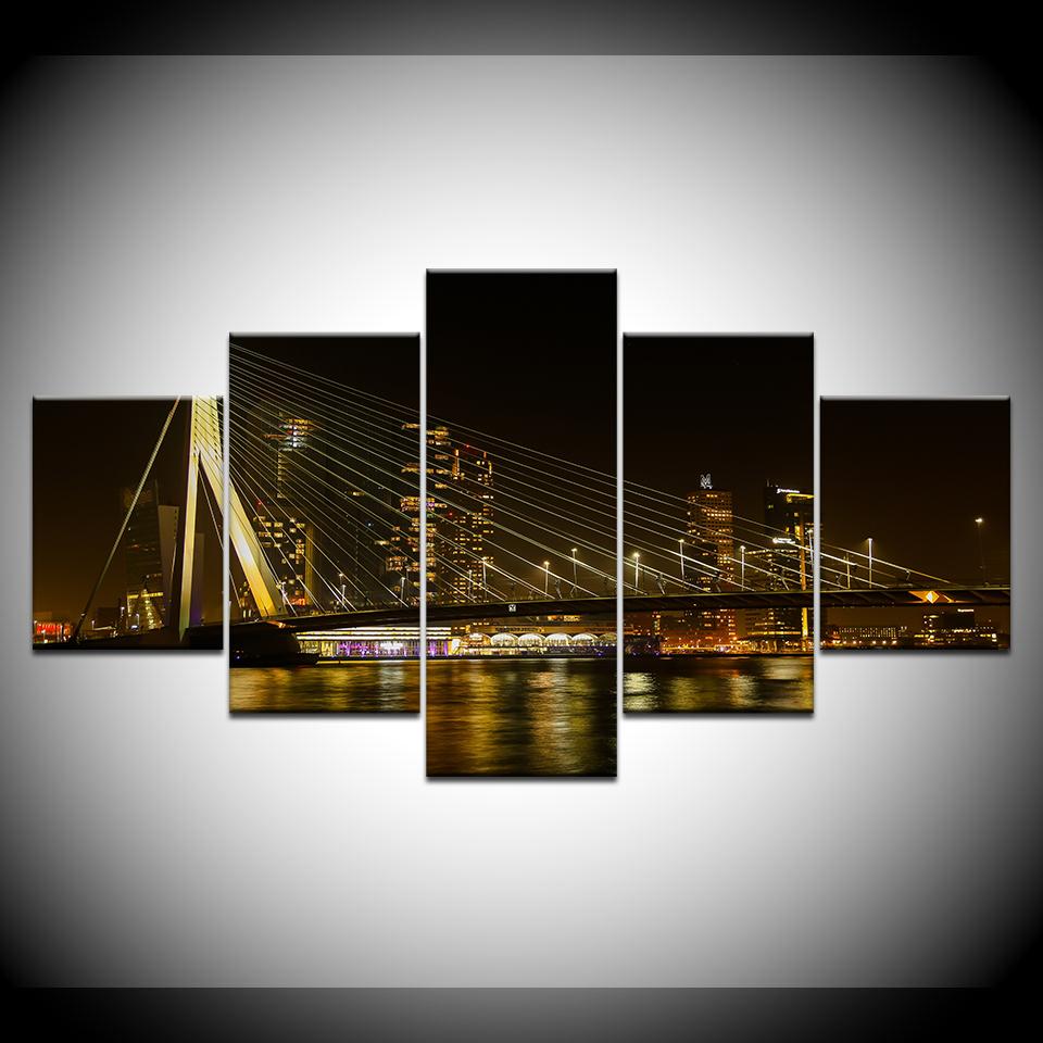 Canvas Painting City Night View and Bridge 5 Pieces Wall Art Painting Modular Wallpapers Poster Print for Living Room Home Decor