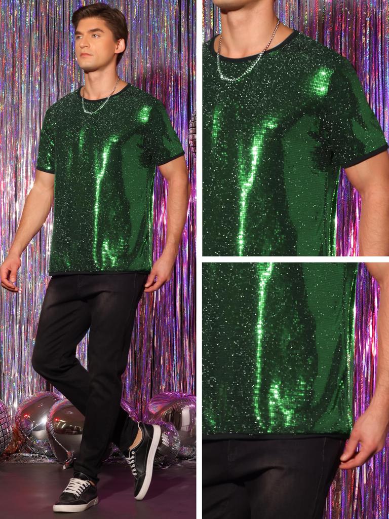 Pailletten Kurzarm Rundhals Nacht Schnitt und Glänzend S [Lars Amadeus] Herrenhemd, Ärmel, Hals, Club, Party, Nähen, T-Shirt, Grün,