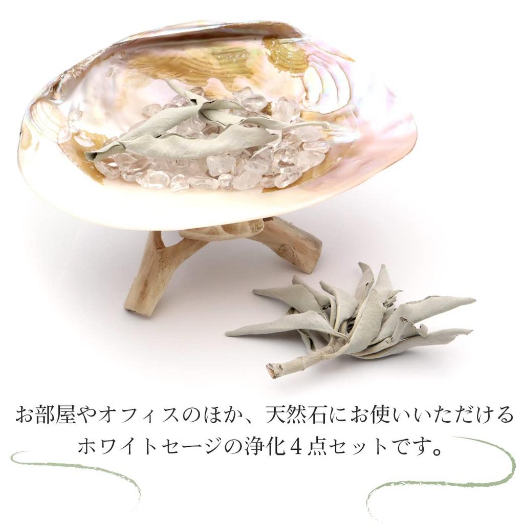 GOLD STONE white sage set pearl shell crystal chips wooden stand 4pcs beginner kit aroma incense california grown sage organic herb