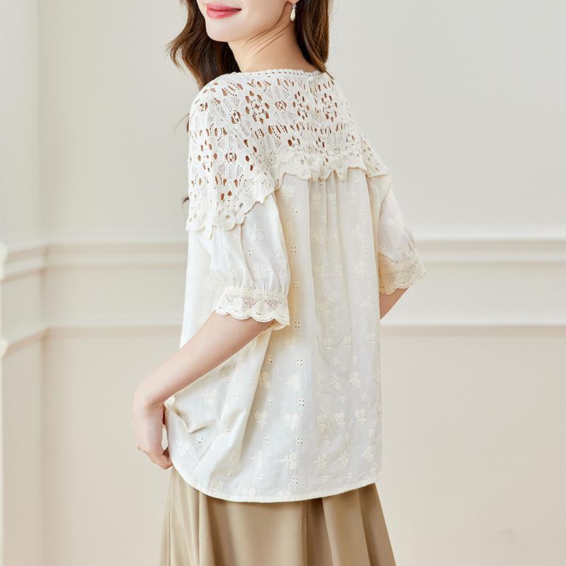 Lace Hollow Short-sleeved Top for Women In Summer Latest Design Niche Top Chic Top
