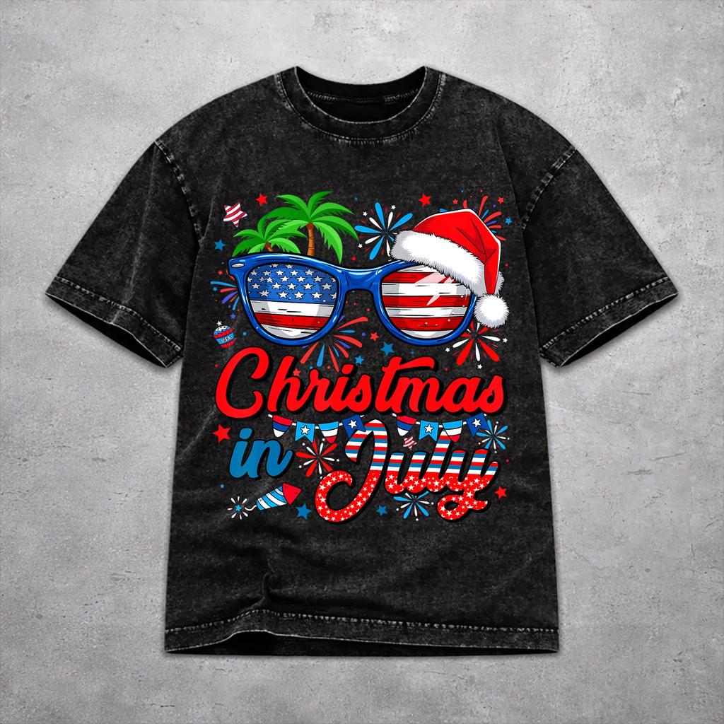 Novelty Men Women Christmas In July Vacation Tee Shirt Oversize Washed T Shirts Outfits