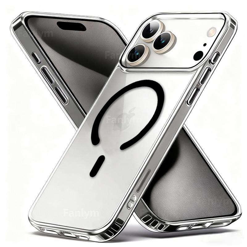 Transparent Phone Case For iPhone 17 16 15 14 13 Pro Max Plus 17 Air 16e Clear For Magsafe Magnetic Wireless Metal Button Cover