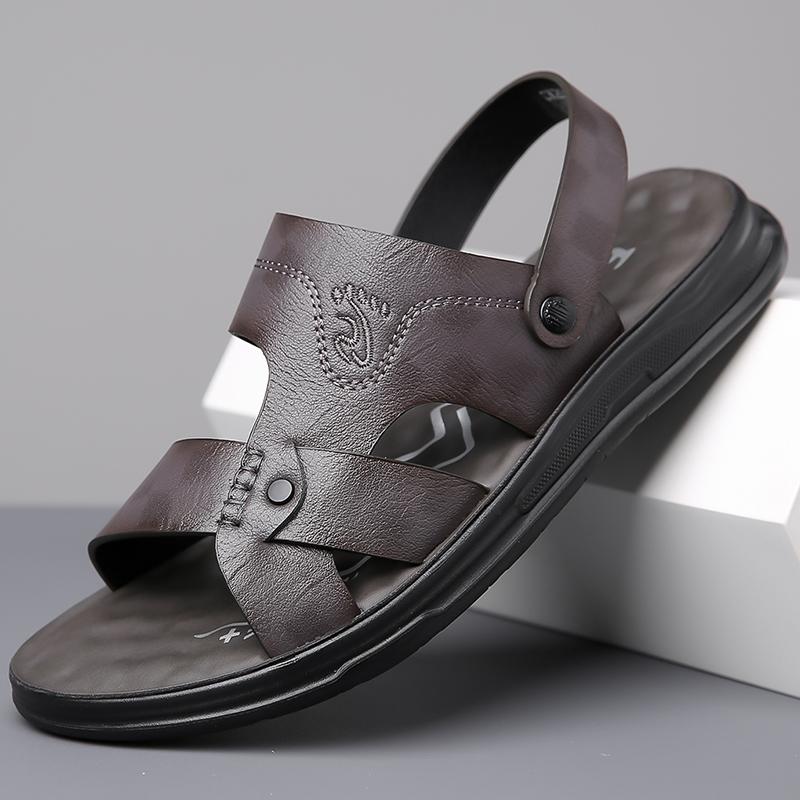 Men Black Leather Sandals Simple Flats Summer Brown Outdoor Hiking Sandals Outdoor Wide Beach Shoes for Father Over Sized