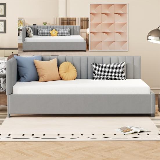 Low Daybed Upholstered Sofa Bed 90x200CM Slatted Frame Velvet Fabric Sleeping Couch Modern Grey Beige Living Room Single Day with Sponge Filling