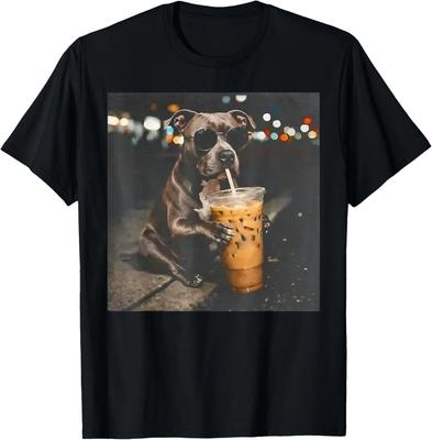 Funny Art Pitbull Dog Drinking Iced Coffee With Sunglasses Gift Unisex T-Shirt