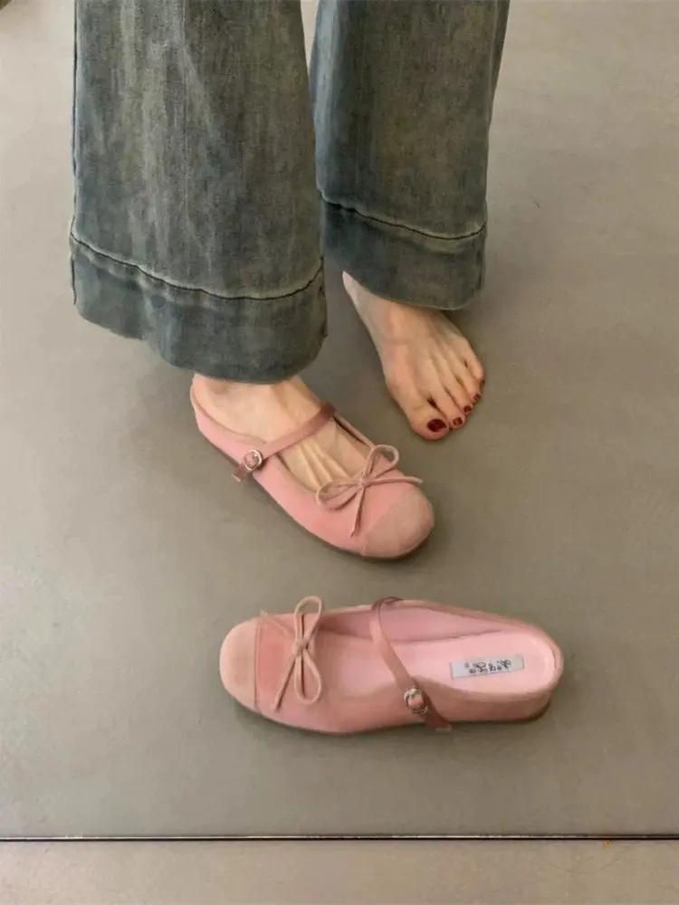 Fashion Women's Bow Toe Half Slippers Summer Non-Slip Inner Heightening Mary Jane Shoes for Women Soft Soled Breathable Sandals Slippers