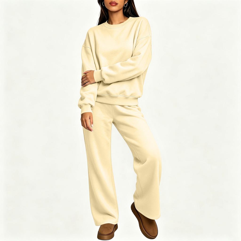 Damen 2-teiliges Set Farbe Hals Langarm Pullover Sweatshirt mit Elastischer Taille Jogginghose