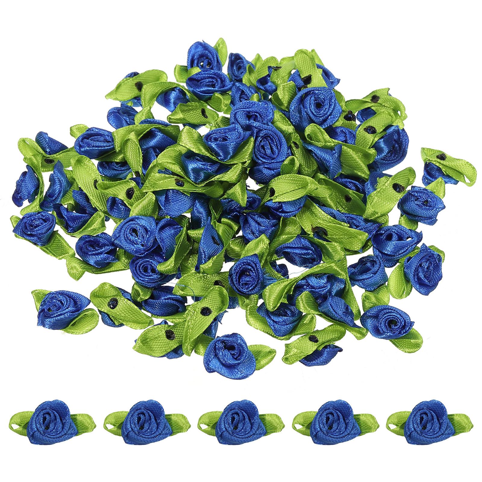 

100/200 шт. Міні-троянди з стрічки, Крихітні квіти з атласної тканини із зеленим листям, Прикраси, Розетки-аплікації для DIY шиття, Весілля 100pcs синій