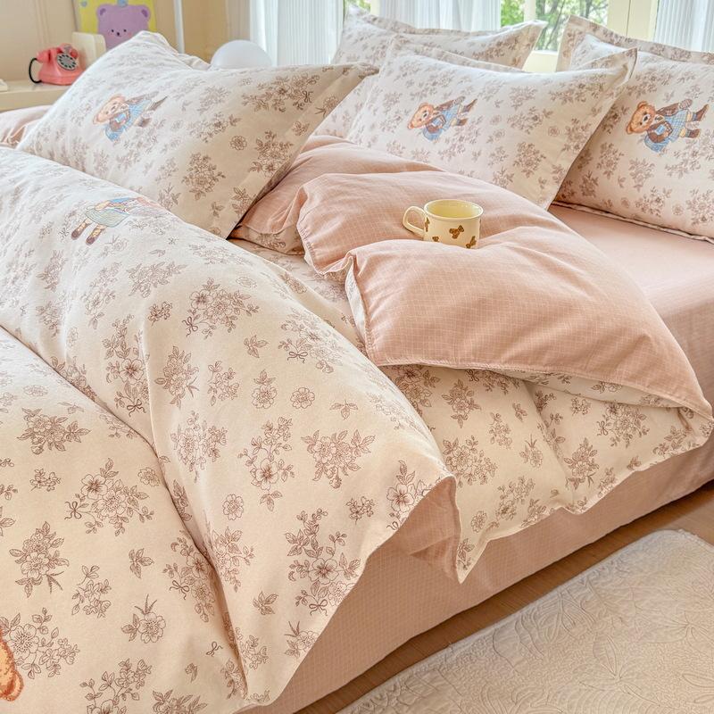 Cotton 4-piece Set Thickened Brushed Fresh Cotton Bed Sheet Quilt Cover Hats Models Dormitory 3-piece Set
