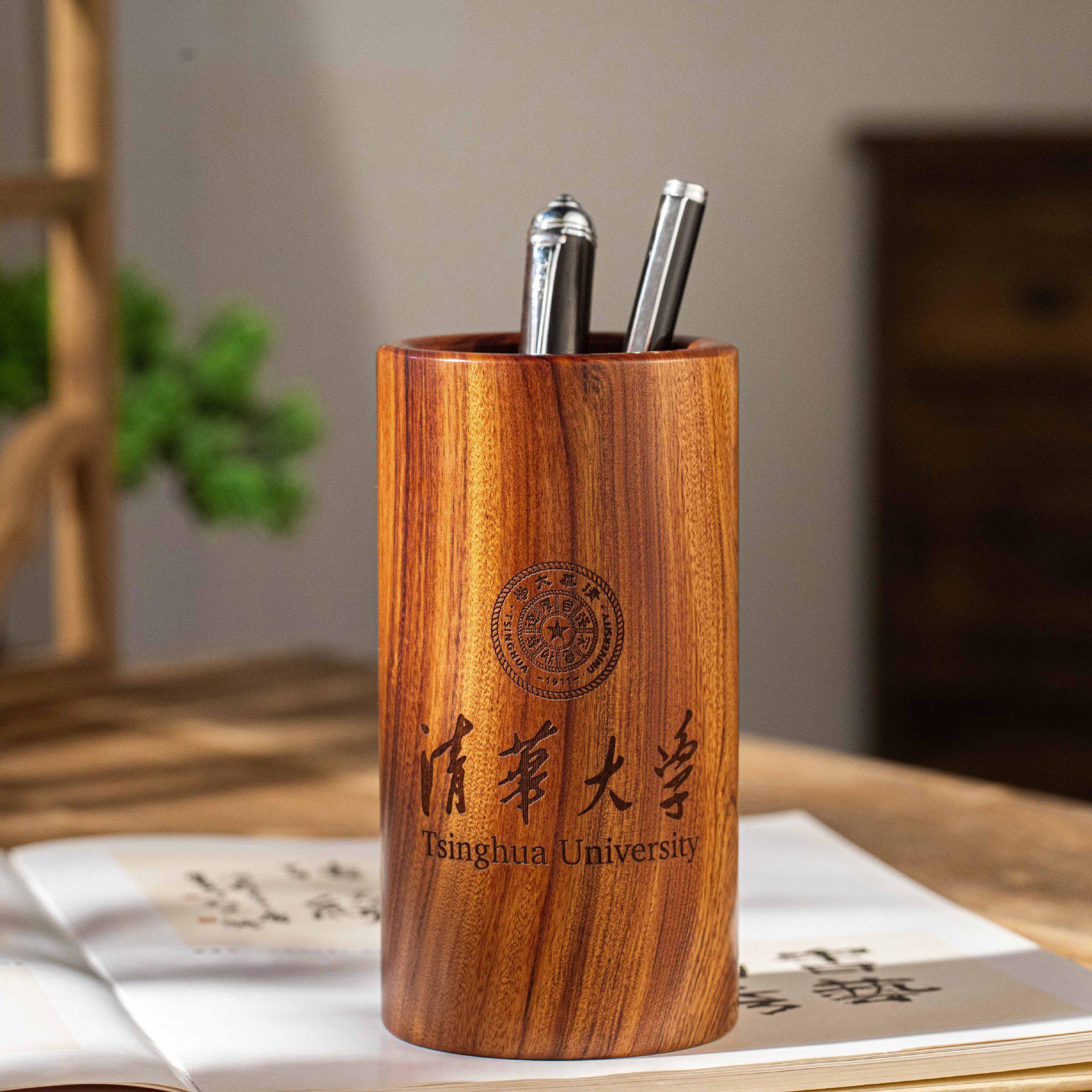 Rosewood Engraved Pen Holder - Elegant Solid Wood Desktop Ornament for Pens
