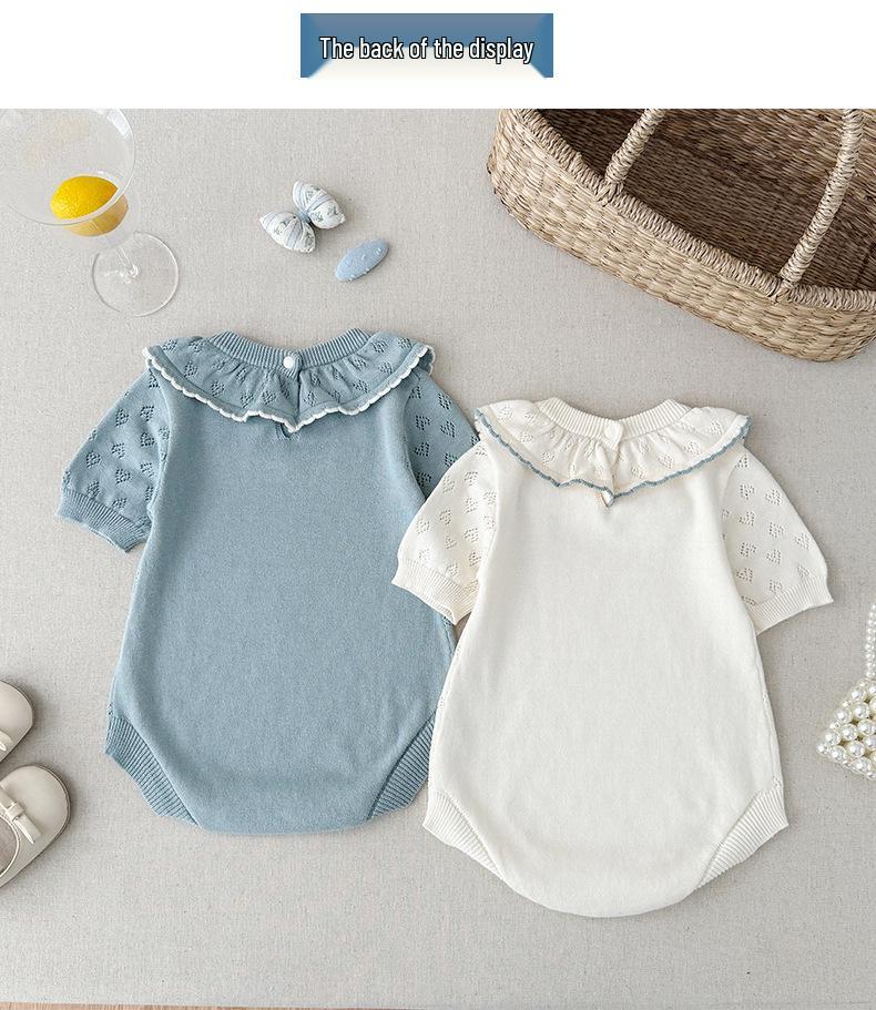 Infant Girl Cotton Knit Ruffle Collar Romper, Short Sleeve Summer Style