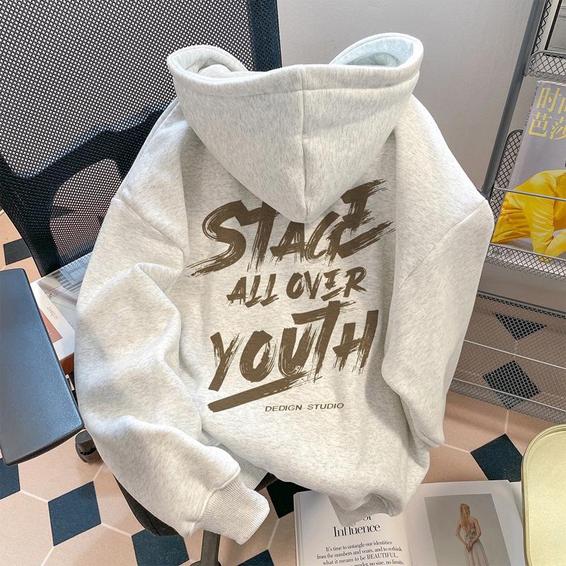 Retro hooded sweater men s casual autumn and winter couple s printed women s clothing fleece thickened long-sleeved versatile XXXL