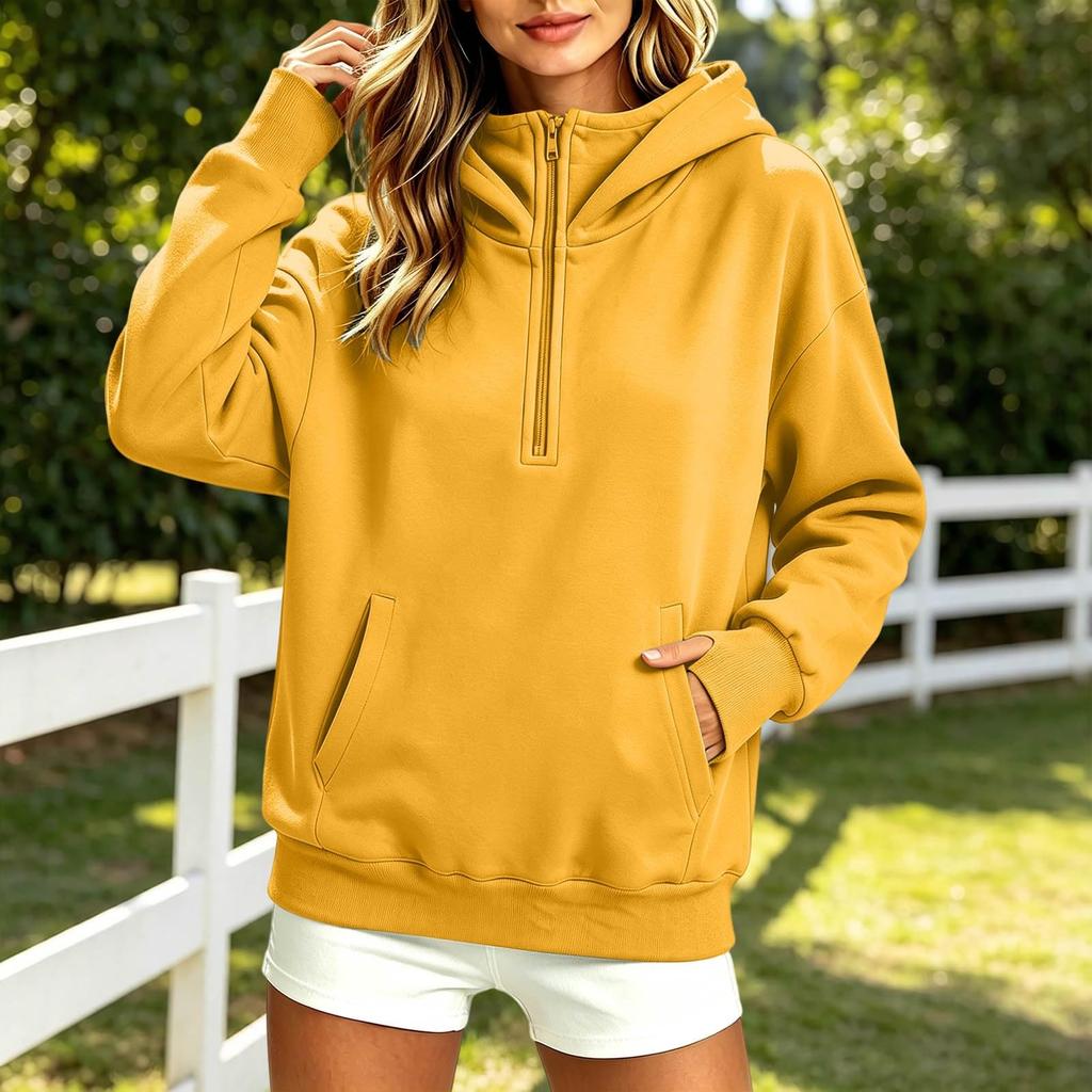 Women's Loose Fit Half Zip Hooded Pullover Sweatshirt Long Sleeve