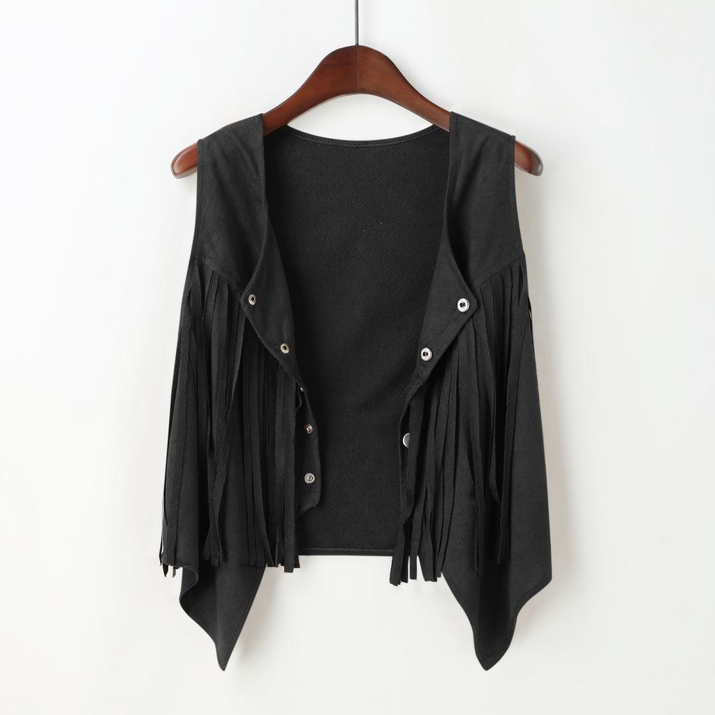 Dames Vest Kort Casual met Franjes en Knopen: Effen kleur, Slim fit, Kraag met halve knoopsluiting