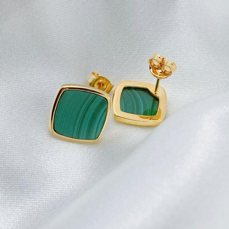 925 Sterling Silver Women Geometric Gold Plated Stud Earrings Malachite  Natural Stones  Elegant Jewelry Bijoux Wholesale
