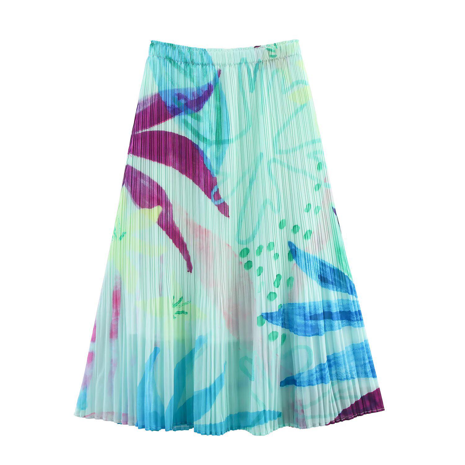 

2025 Лето Женская Мода Европейский и Американский Стиль Эластичная Плиссированная Миди Юбка One Size циан