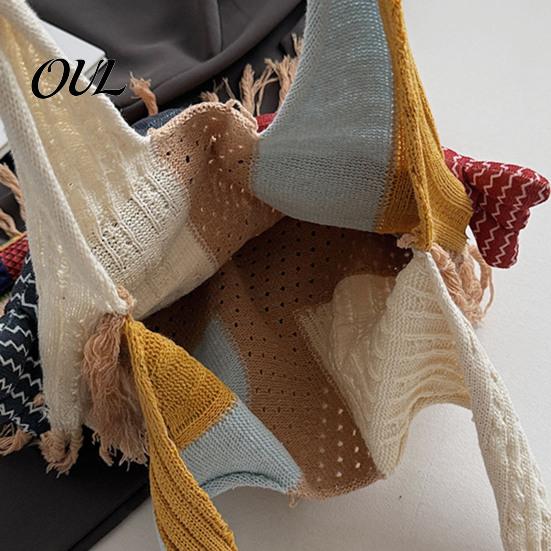 Boho Fashion Bag 3D Fish Knitted Tote, Patchwork Shoulder with Tassels, Practical Sundries Colorful Women Purse for Daily Commuting Travel Shopping