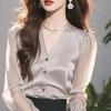 Grey Satin Long-sleeved Shirt for Women In Autumn Wear with A V-neck Elegant Temperament Fashionable and Stylish Suitable As An Early Autumn Top