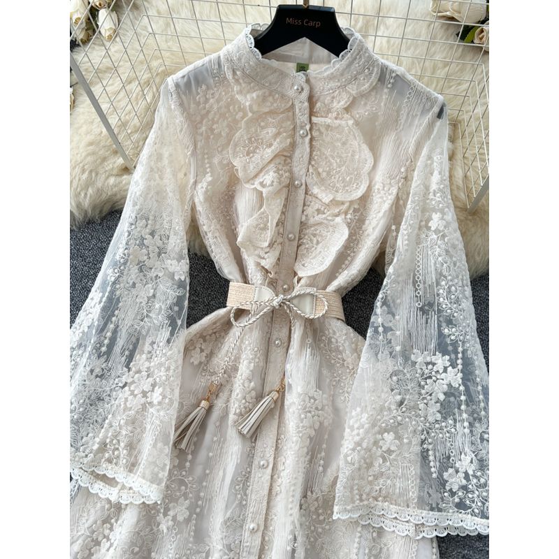 French style Elegant Heavy Industry Crochet Embroidery Waist Hugging Stand Collar Single-Breasted Wooden Ear Patchwork Bell Sleeve Long Dress