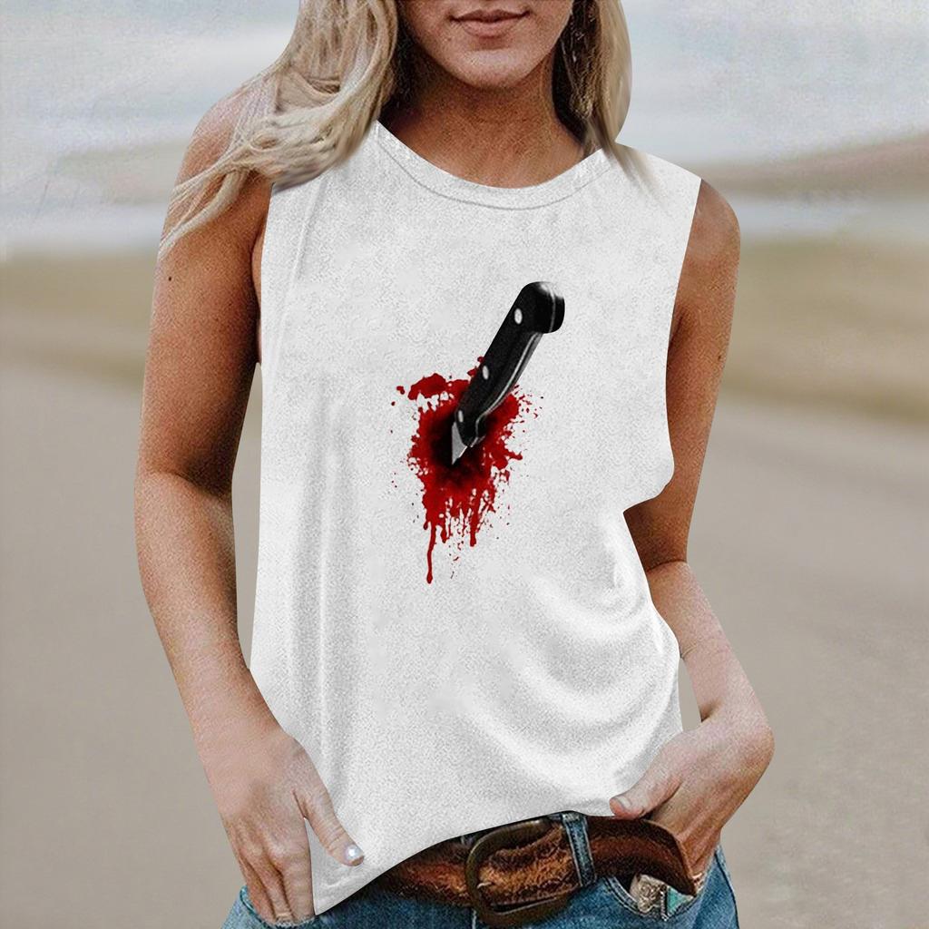 Women's Round Neck Casual Sleeveless Halloween Printed Vest T-Shirt Top