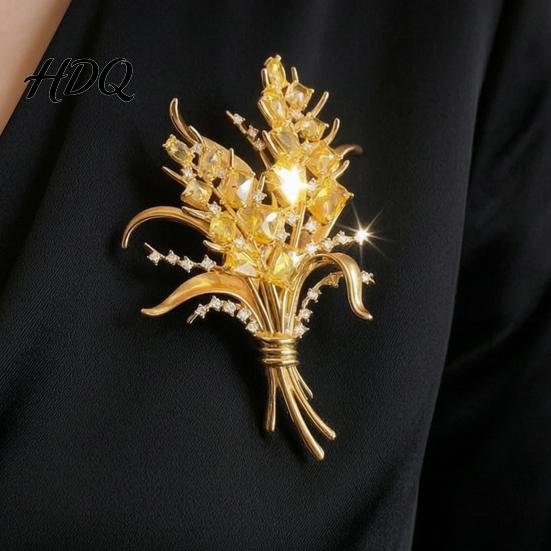 Daily Wear Jewelry Ear of Wheat Brooch for Women, Vintage Yellow Faux Crystal Dress Accessories Pin, Dainty Parties Dates Anti-oxidation