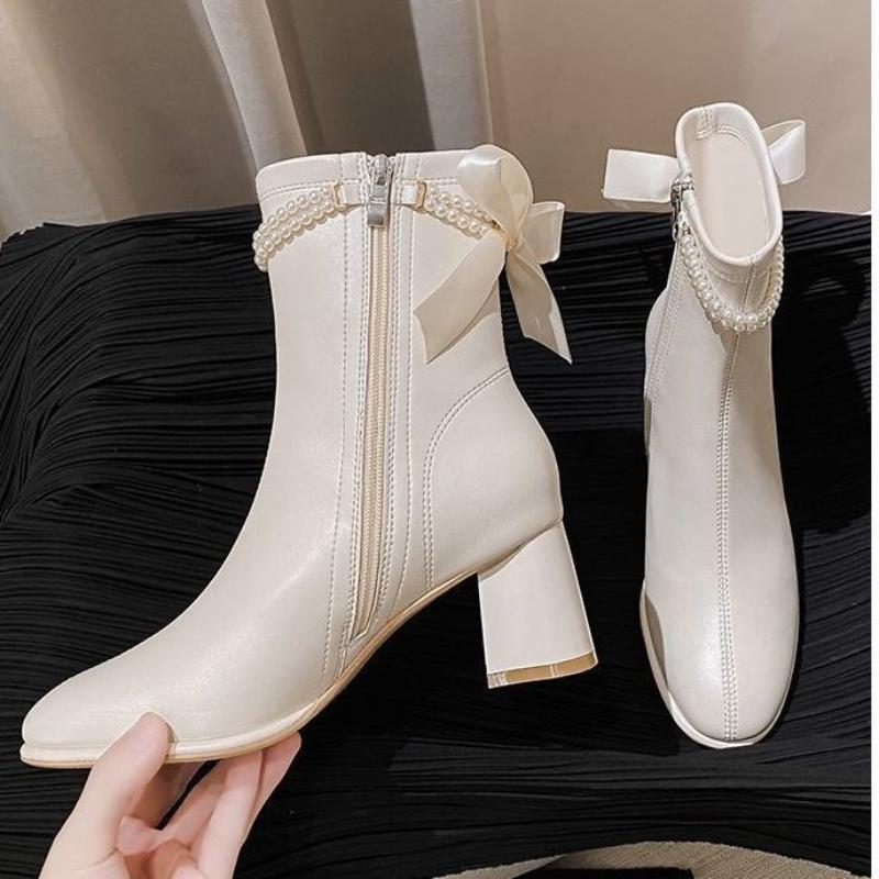 Black High Heels Footwear Mid Calf Elegant Heeled Shoes for Women Ladies Boots White Half Leather On Promotion Fashion 2025 Goth