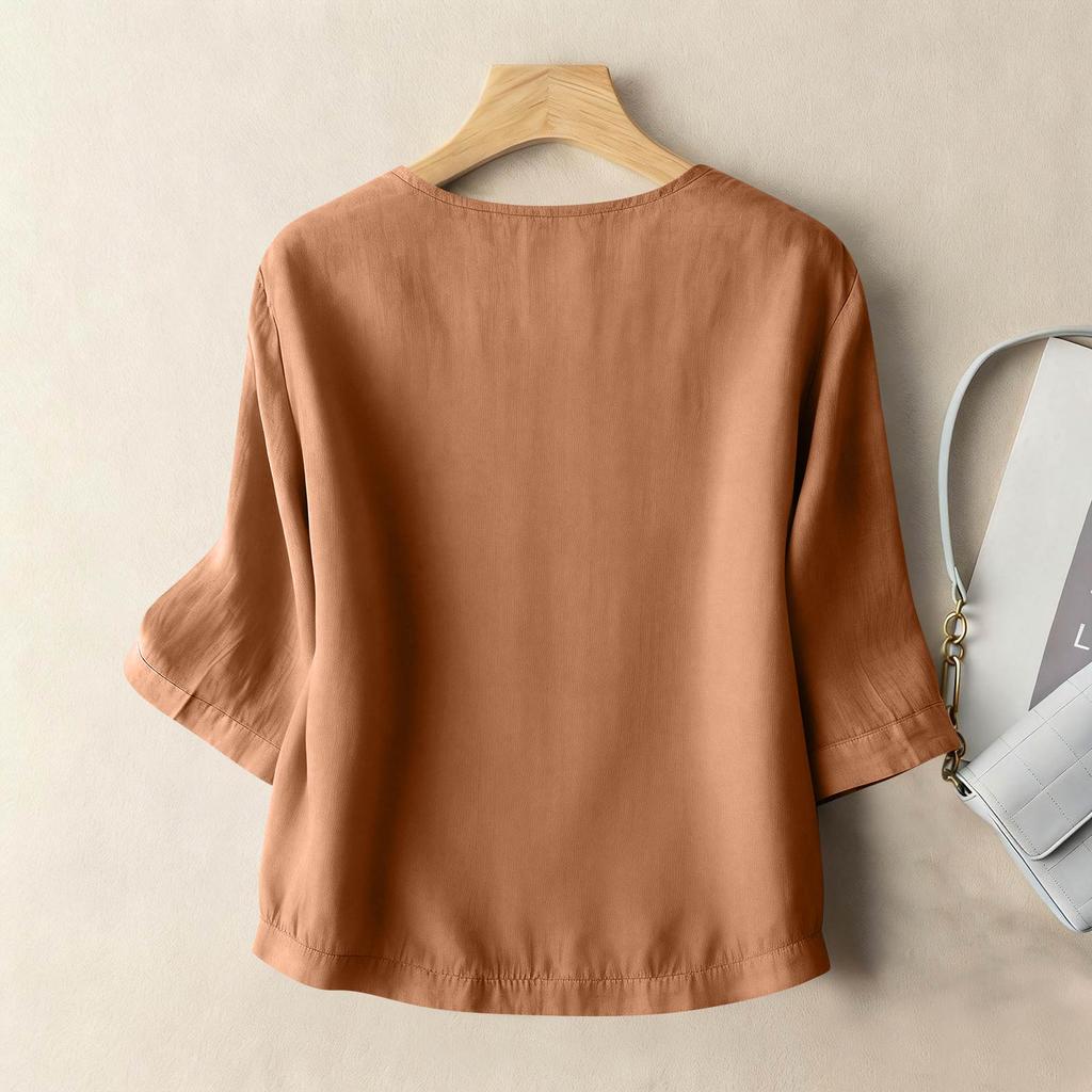 Damen Oberteil im Vintage-Stil, lockere Passform, Baumwoll-Leinen-Mischung, V-Ausschnitt, ärmellang