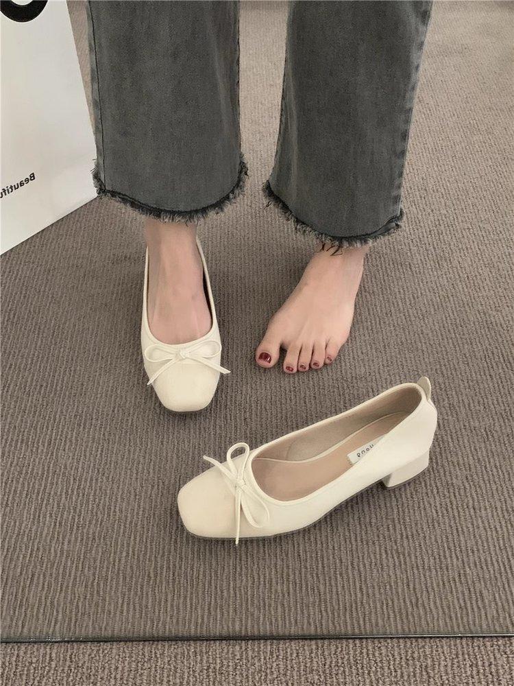 Evening gentle bow single shoes commuter black flats autumn and autumn French women's shoes with skirt high heels
