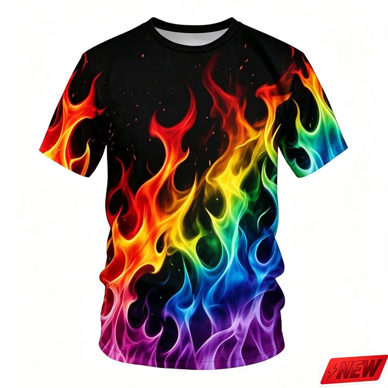 Men's 3D Color Flame Printed T-shirt for Summer Casual and Comfortable Short Sleeved Top, Fashionable Street Round Neck Clothing