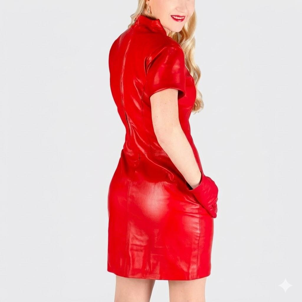 Stylish New Women's Bright Red Dress Real Lambskin Leather Outfit Slim Fit Party Club Wear