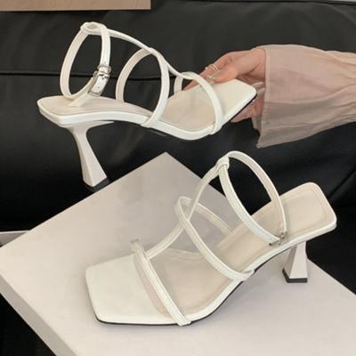 Summer 2025 Narrow Strap Buckle Designer Sandals Women Sexy Square Toe Open Toe Thin Heel Pumps Casual Beach Brand Slides Female