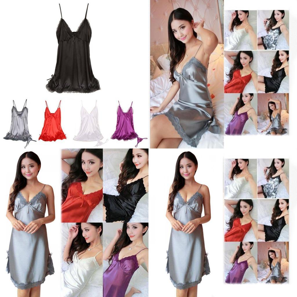 Sexy Damen Spitzen Nachtkleid Nachtwäsche Mini Tiefes V Träger Röcke Nachtwäsche Seide
