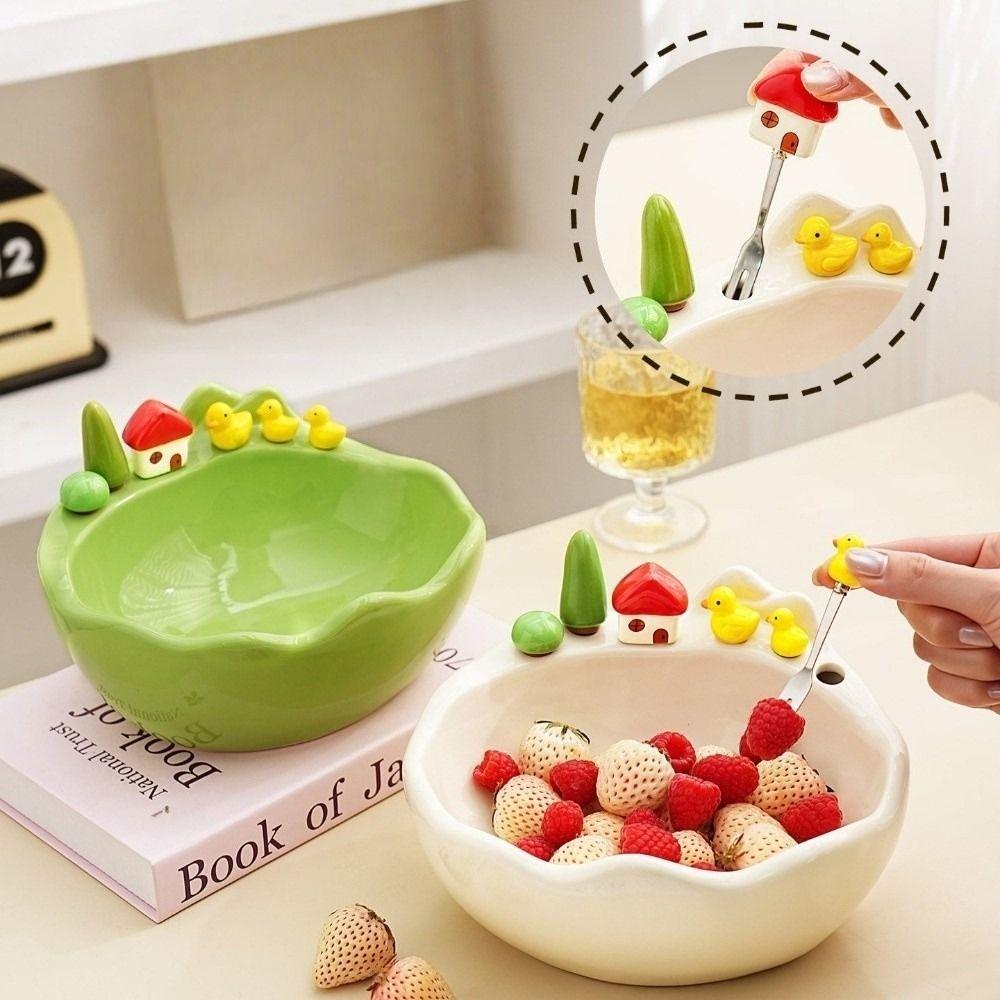 Cartoon Fruit Bowl with Fork Ceramic Decoration Fruit Serving Plate Stainless Steel Fork Large Capacity Fruit Storage Tray