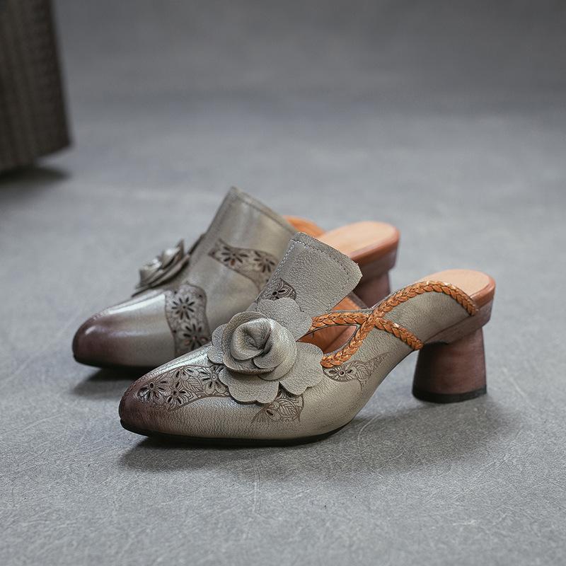 Johnature Vintage Genuine Leather Handmade Flower High Heel Slippers Pointed Toe Women's Shoes