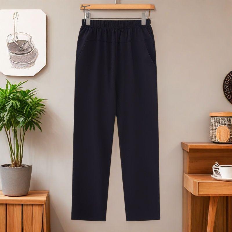 New Style High-Waisted Summer Cropped Mom Pants - Elastic Waist, Straight Leg, with Pockets for Middle-Aged and Elderly