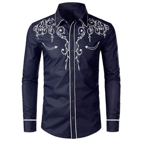 Men Western Cowboy Shirt Lapel Collar Single-breasted Long Sleeve Embroidery Slim Fit