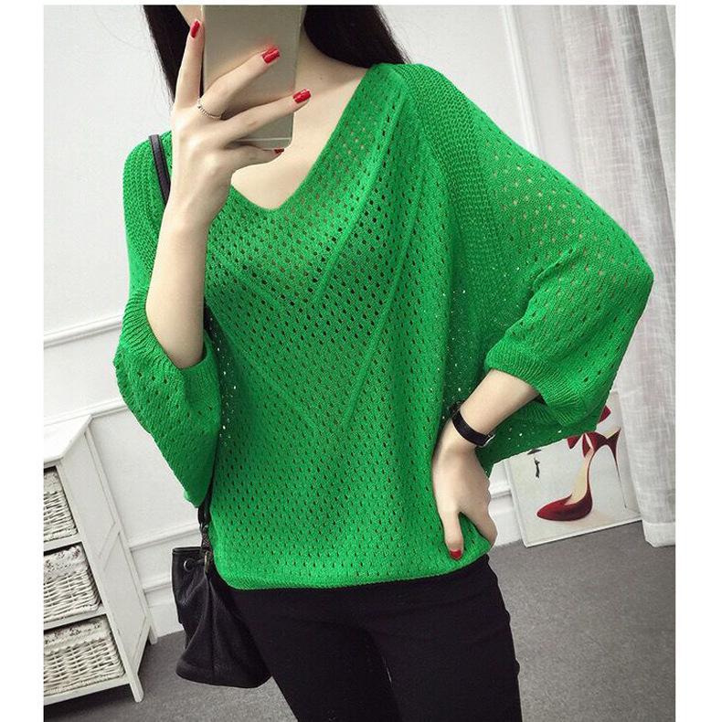 Pulover cu decolteu în V cu secțiune subțire Pulover din tricot Topuri pentru femei Dimensiune mare Pulover cu schelet cu mâneci de șapte minute Cămașă lejeră pentru femei