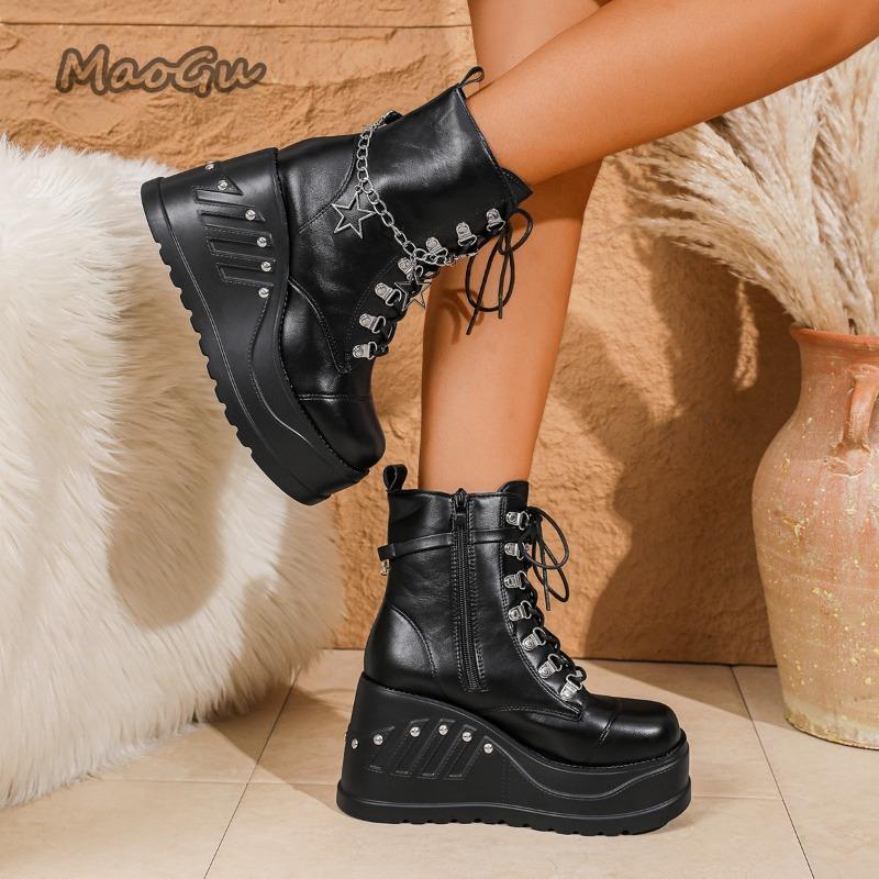 High Platform Women's Ankle Boots Black PU Leather Side Zip Chain Decor Ladies Punk Botines Women Autumn Boots Size 35-43