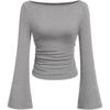 2025 Autumn Women's Solid Color Boat Neck Bell Sleeve Slim Fit Ruched Long Sleeve Top
