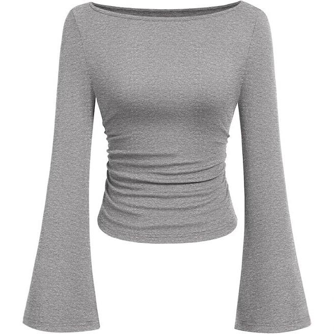 2025 Autumn Women's Solid Color Boat Neck Bell Sleeve Slim Fit Ruched Long Sleeve Top