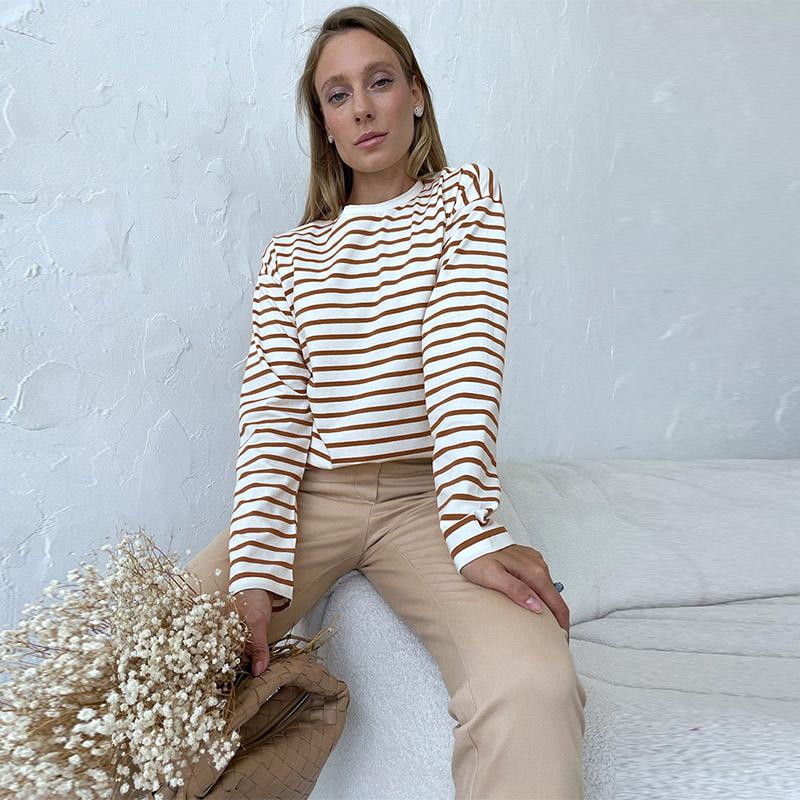 Cozy Loose Long Sleeve Striped T-Shirts Women Autumn Basic Casual Cotton Tops Round Neck Street Style Blouse