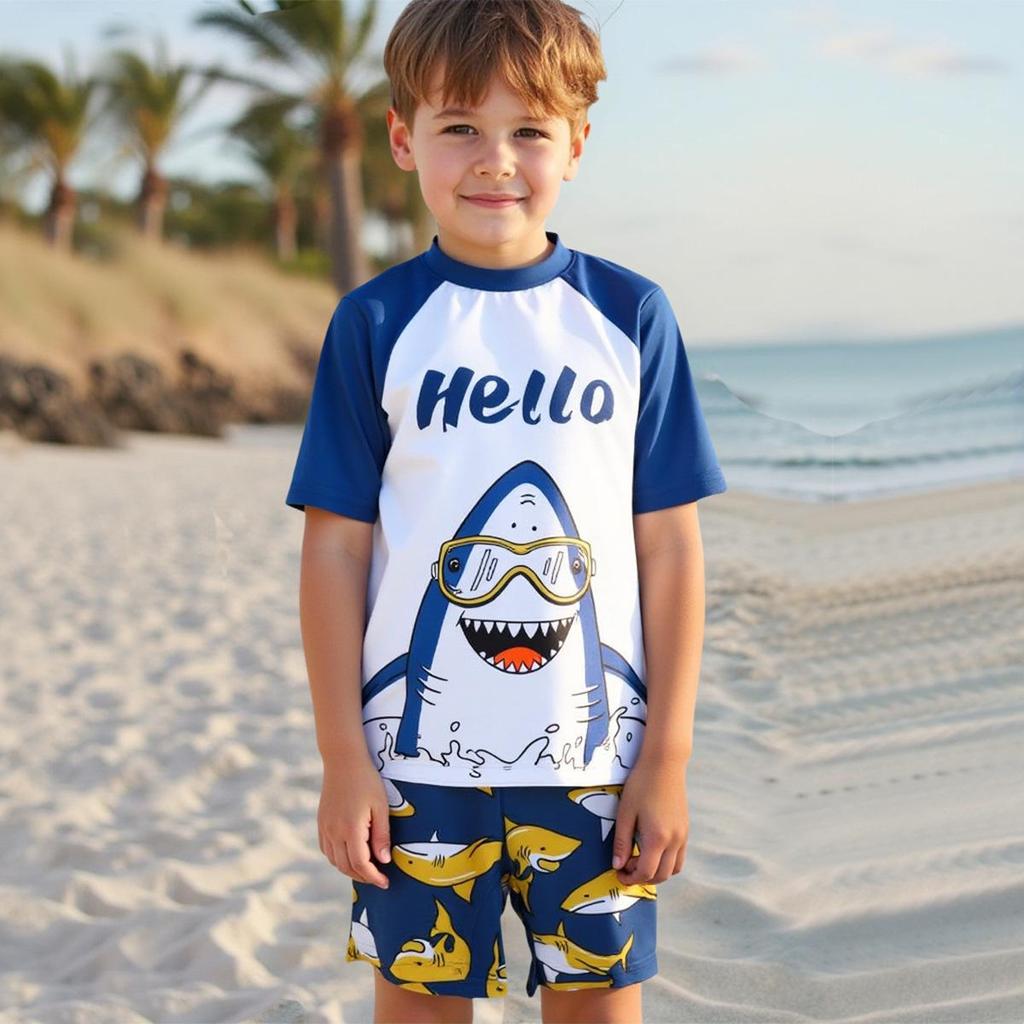 Boys' Short Sleeve Cartoon Shark Swimsuit Set for Big Kids