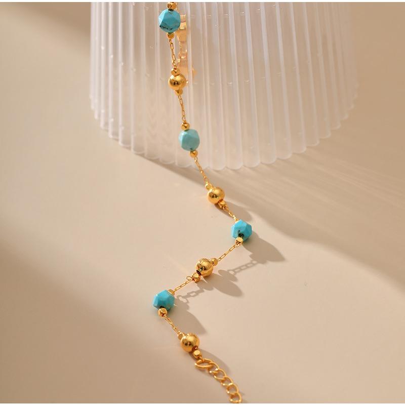 Gold Plated Faceted Turquoise Color Bead & Ball Bracelet With Extension Chain