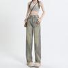Women's American Retro Wide-Leg Jeans, High Waist, Straight Loose Fit, Floor-Length, Spring/Autumn 2023 Design 