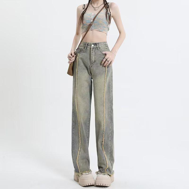 Women's American Retro Wide-Leg Jeans, High Waist, Straight Loose Fit, Floor-Length, Spring/Autumn 2023 Design 