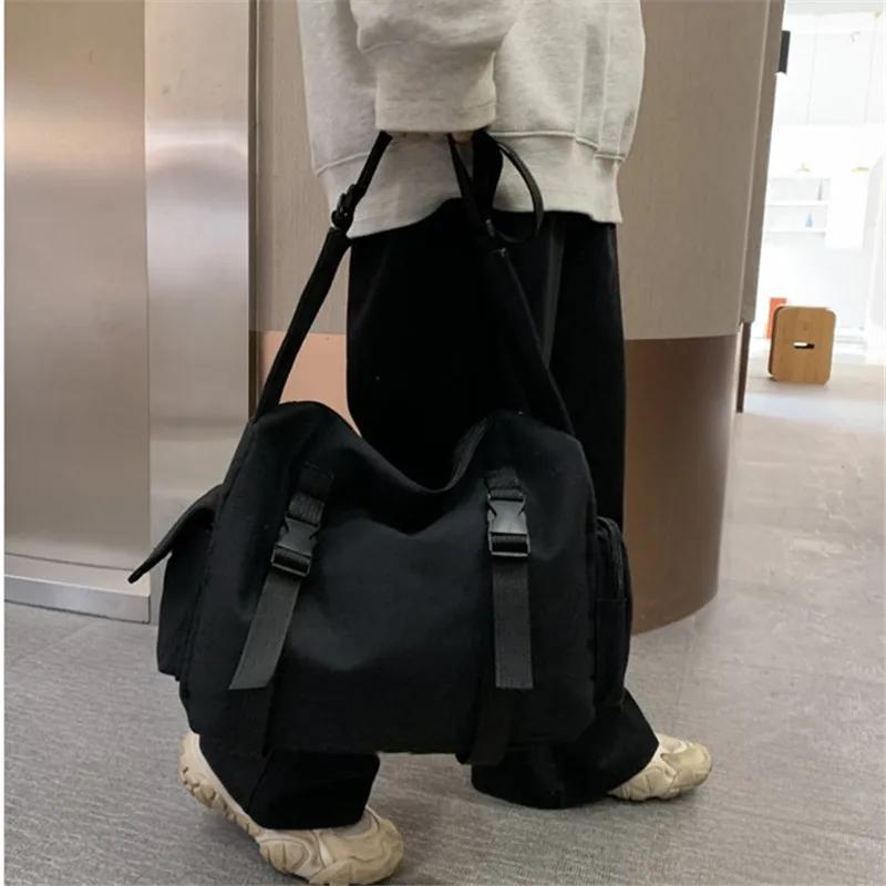 Harajuku Canvas Messenger Bag Solid Color Women Crossbody Bags Large Capacity Shoulder Bag Multiple Pocket Bolsos Sac