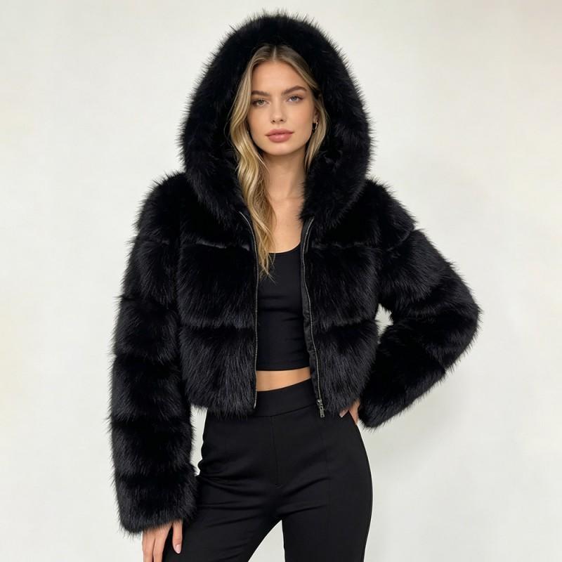 Womens Short Faux Fur Coat Stylish Fluffy Jacket Hooded Long Sleeve 25-29 Years Old