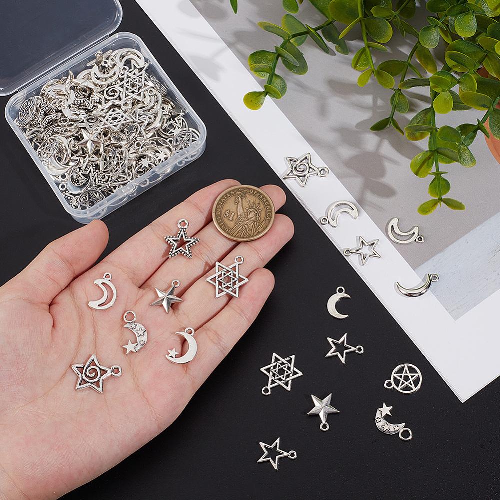 120Pcs 12 Styles Tibetan Style Alloy Pendants Lead Free and Cadmium Free Moon & Star Antique Silver 14.5~20x9.5~16.5x1~3.5mm Hole: 1.5~3mm