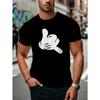 European Sizes Fashion Men'S Plus Size 3D Graphic Print T-Shirt _ Black with White Hand Gesture Design, Regular Fit, Short Sleeve, Round Neck