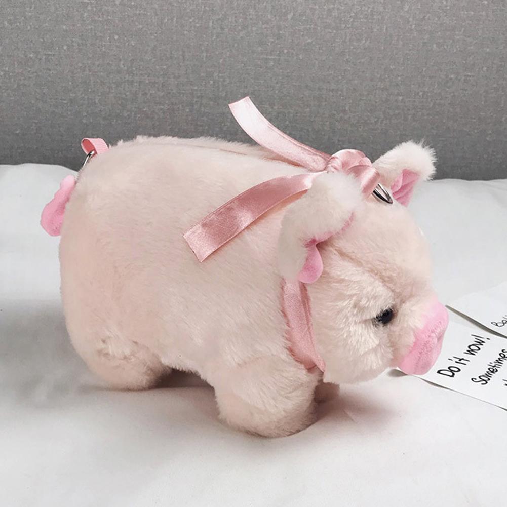 Cute Pink Pig Plush Crossbody Bag Soft Kawaii Animal Stuffed Coin Purse With Ribbon Zipper Messenger Satchel